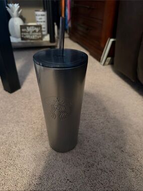 Starbucks Matte Black Stainless Tumbler with Embossed Logo and Straw